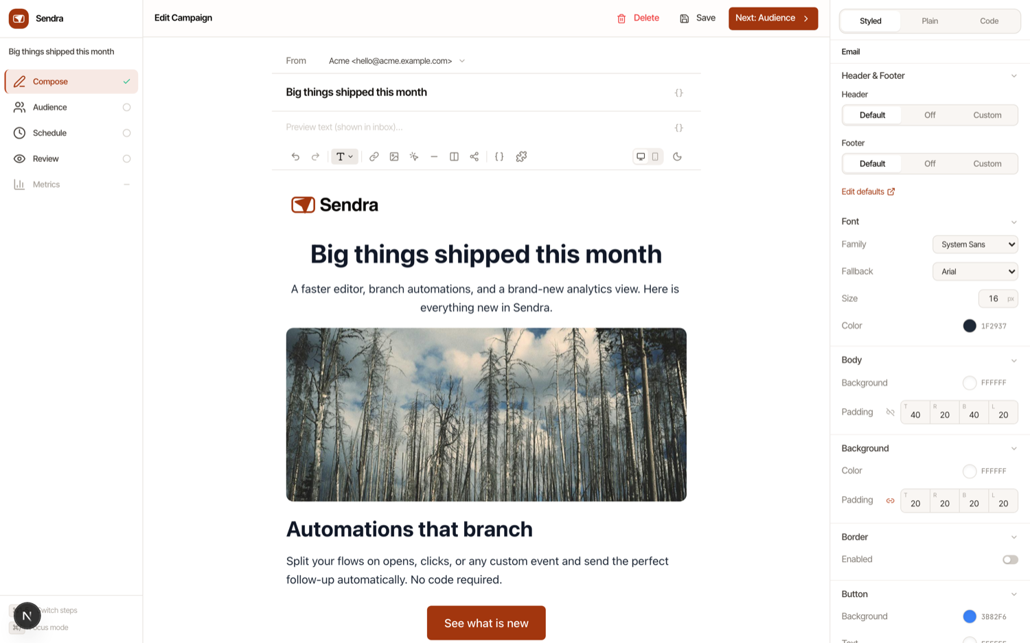 Sendra's visual email editor