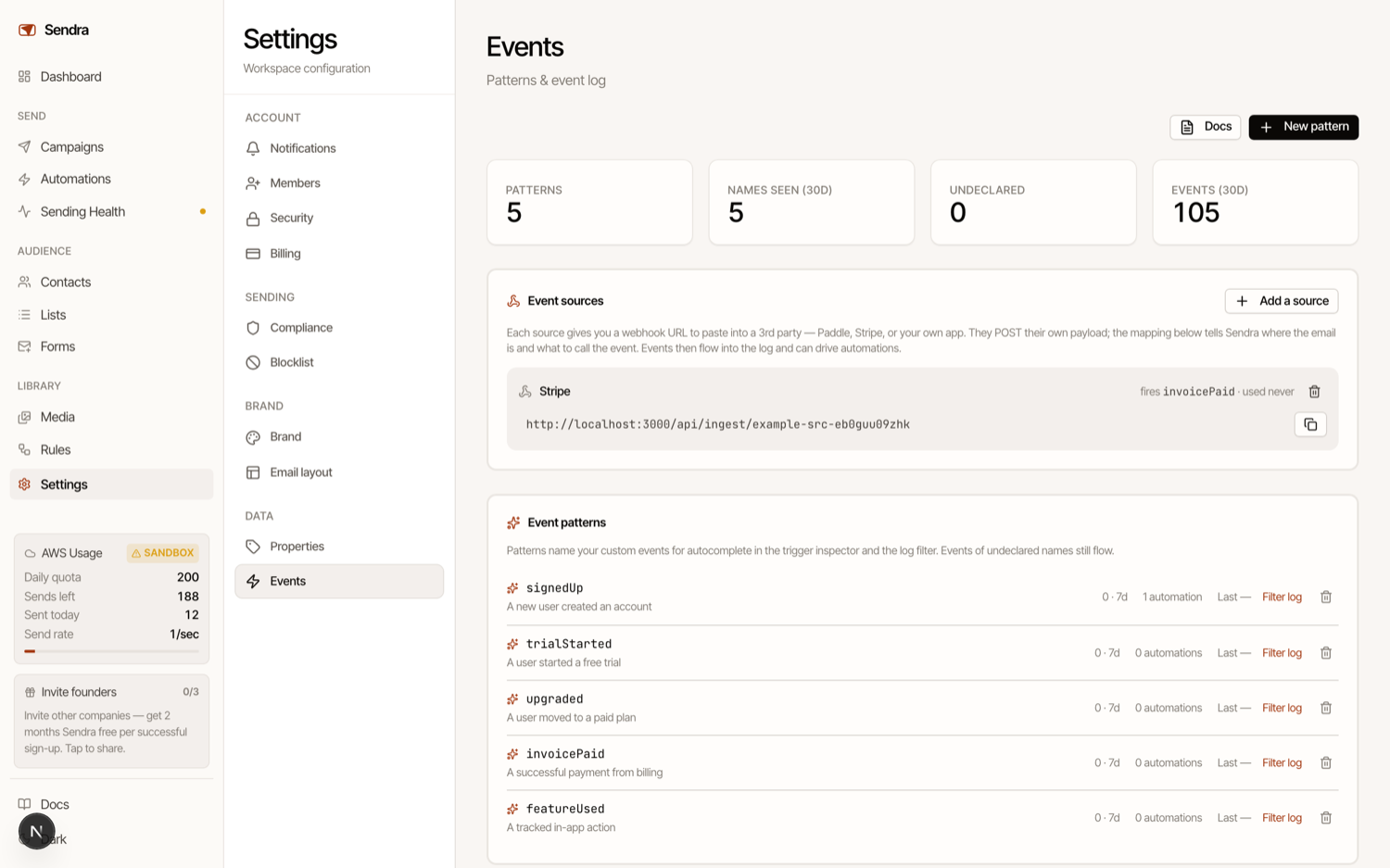 Sendra events, API, and rules