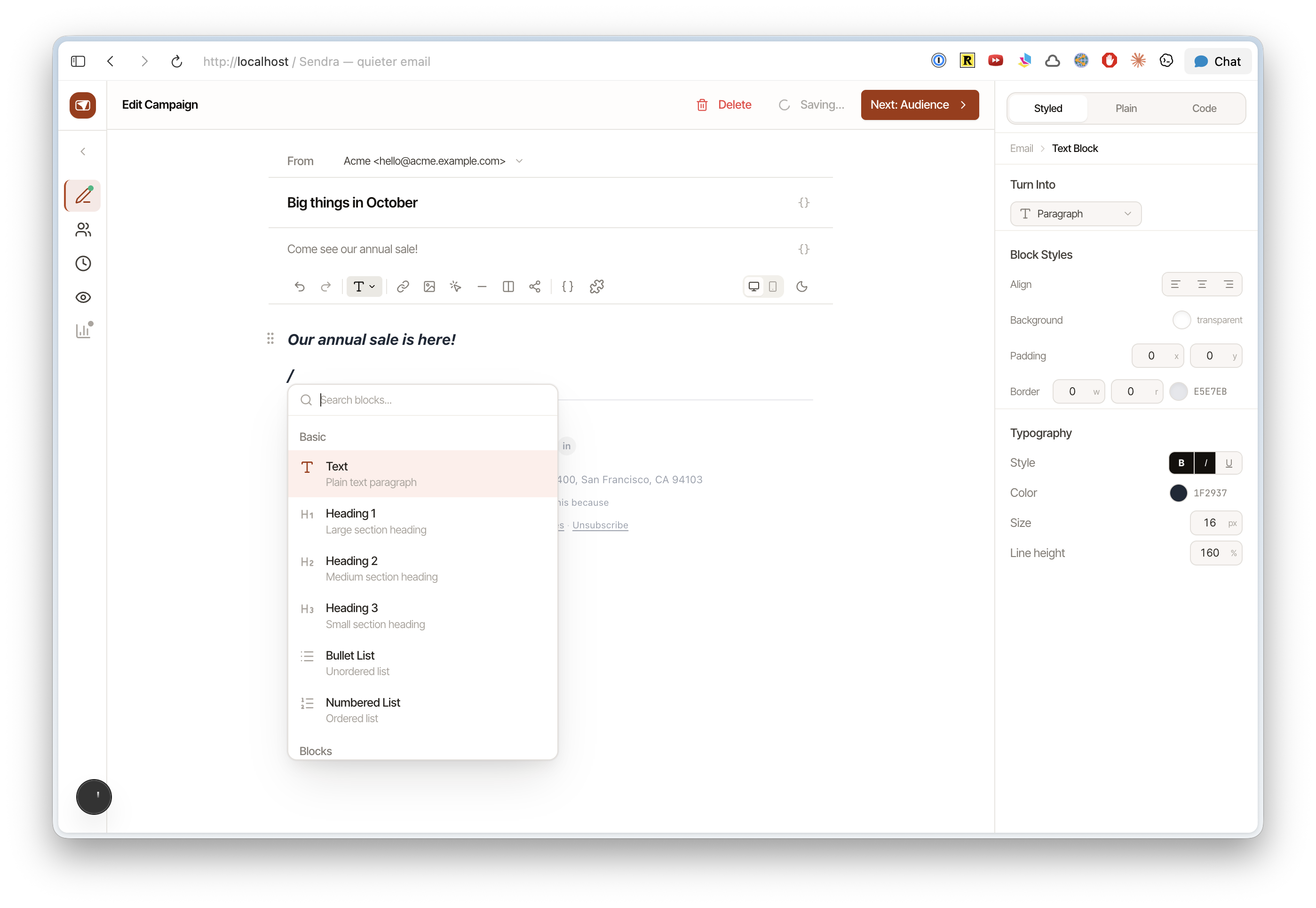 Slash command menu showing available block types like heading, button, divider